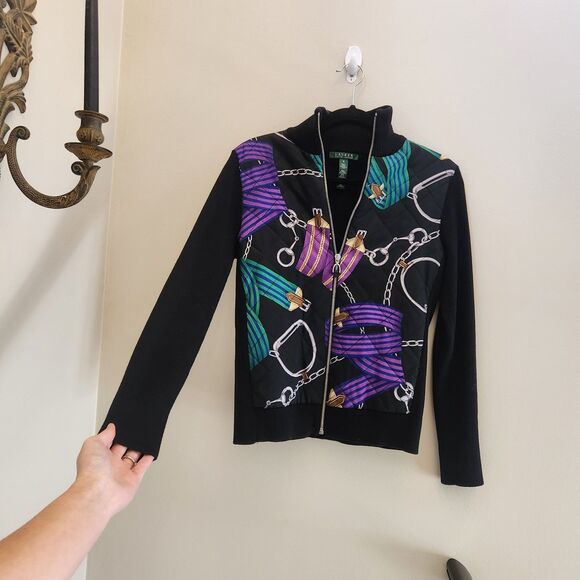 VTG 90s Ralph Lauren Quilted Equestrian Full Zip Sweater Jacket Old Money Sz M - Picture 1 of 7
